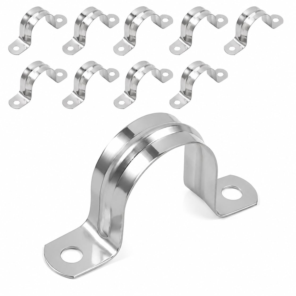 GUGUGO 40mm Pipe Clamps,10Pcs Heavy Duty 2 Hole U Bracket 304 Stainless Steel Rigid Pipe Strap Clamp,Silver Anti-Rust Tube Mount Clip for Household Water Pipe & Industrial Pipeline Fixing
