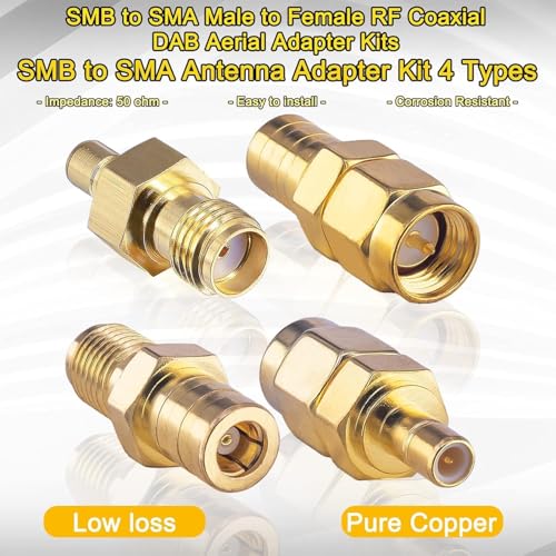 SMB to SMA Antenna Adapter Kit 4 Types Coax Adapter SMB to SMA Male to Female RF Coaxial DAB Aerial Adapter Kits for Sirius XM Satellite Radio Antenna Radio Aerial Car DAB Radio (SMB to SMA)