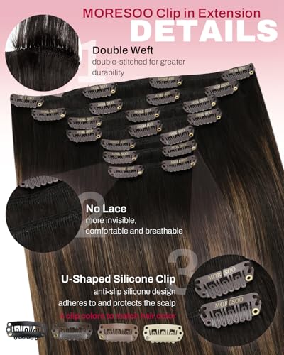 Image of Moresoo Dark Brown Human Hair Clip in Extensions Seamless 24 inch Long And Thick Full Real Human Hair Extensions Clip ins Balayage Dark to Light Brown 150g /7pcs for Party
