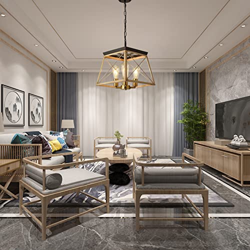 Dcv 4-Light Farmhouse Pendant Light Vintage Chandeliers Wood Industrial Kitchen Lights Ceiling Hanging Adjustable Island Square Light Fixture For Dining Room Foyer Hallway Entryway, Black And Brown #TOP1