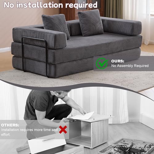 Image of Convertible Floor Sofa Bed, Foldable Mattress Cloud Couch with Pillow Back & Armrest, Corduroy Sleeper Sofa Bed with Fixed-Shape Frame, Compressed Couch for Living Room Bedroom, Dark Gray