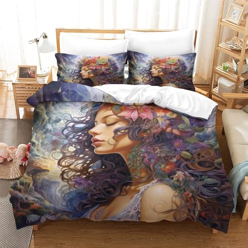 Housse de couette 220x240 imprimé 3D art fantastique avec fermeture éclair et taies