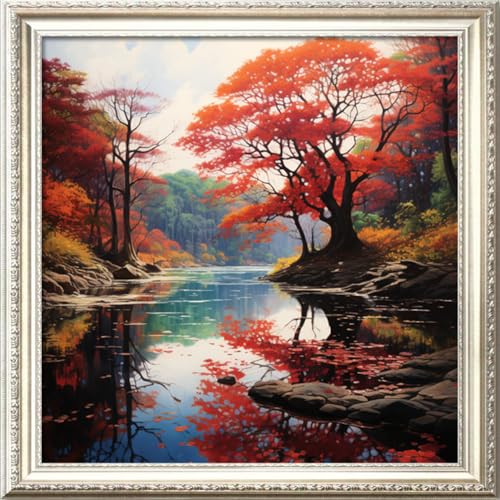 Image of Leczany Cross Stitch Stamped Kit for Adults - Beautiful Riverside Scenery | DIY Embroidery Starter Patterns Craft Kit Needlepoint for Beginner | 11CT, 3 Strands | 17.7x17.7 inches
