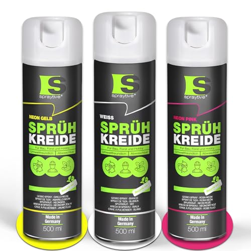 Spraytive Lot de 3 sprays de craie en spray – 3 × 500 ml (blanc, jaune fluo, rose fluo) – Spray de marquage, lavable et temporaire, spray à la craie d'extérieur