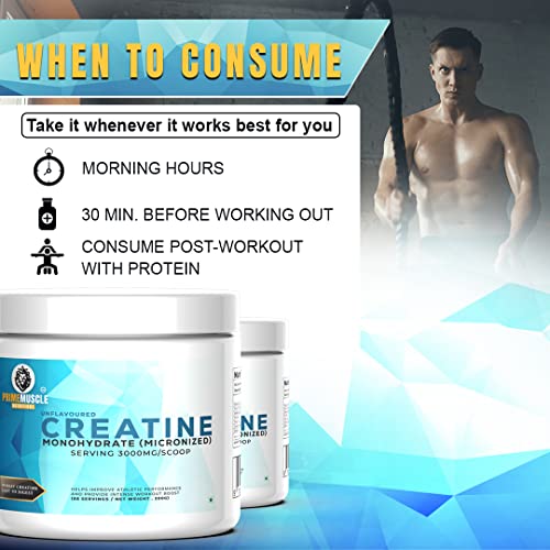 Image of PRIME MUSCLE NUTRITIONS Creatine Monohydrate Powder 66 Servings(Unflavoured,200 grams) Micronised Unflavoured Rapid Absorption Enhanced Muscle Strength&Power Fast Recovery Increases Muscle Mass