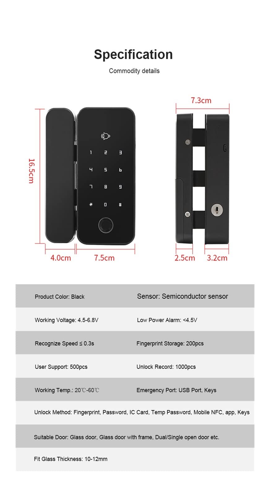 Bluetooth Smart Glass Drzwi Biometryczny blokada linii papilarnych IC. Kod karty Pilot App Oferujący Otwieracz do przesuwania(Type1(Two side glass)