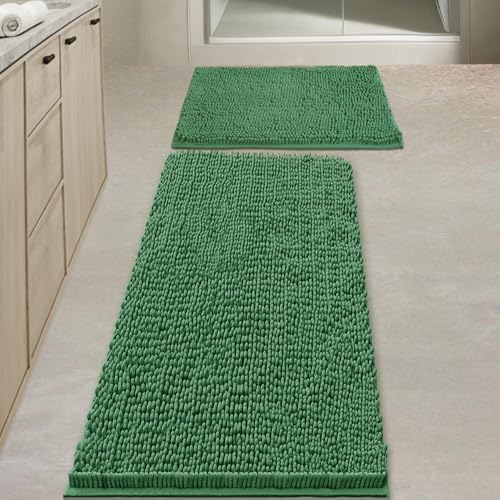 Image of BOANKODU Bathroom Rugs Sets 2 Piece,47X16+16X24Inch,Absorbent Non-Slip Very Soft Chenille Mat,Machine Washable (Dark Green)