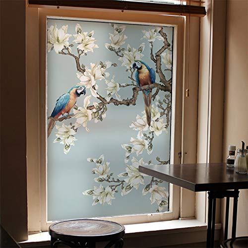 Folia szklana Niestandardowy niebieski kwiat wzór ptaka nieprzylepna elektrostatyczna folia szklana łazienka balkon okno naklejki sklep okienna(70x100cm)