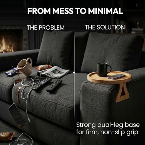Image of Questsole Home Pack of 2 Round Sofa Armrest Tray - 10 Inch Bamboo Clip-On Couch Table for Coffee, Snacks, Remote & Phone with Adjustable Arm Clamp
