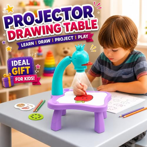 Image of GRAPHENE Purple Creative Drawing Projector Table Toy Set for Kids 24 Patterns Led Magic Doodle Board Trace Draw 12 Colorful Smart Sketch Pen Artbook Educational Fun Painting Desk Boy Girl 3+ Years