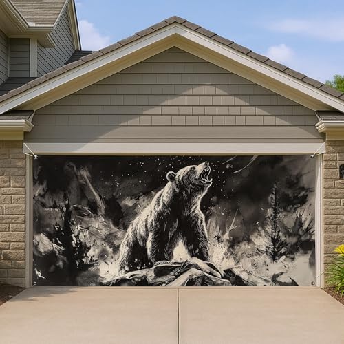 Bear Garage Door Cover, Large Black White Wildlife Art Garage Door Decoration, Outdoor Nature/Mountain Themed Decor, All Seasons and Everyday Use 157x71 Inch