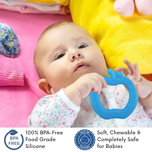 Image of MamaLaps Soft Silicone Baby Teether, Silicone BPA Free Teethers for Newborn Infant, Teething Toy for Babies with Textured Surface for Soothing Gums (Pack of 1, Apple-Blue)