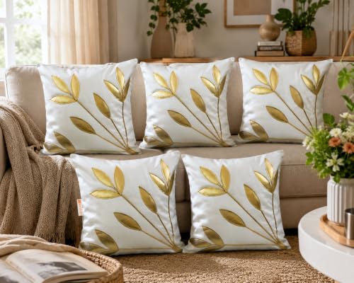 Best Navratri Home Decoration Items (2026) 95 White Golden Floral Silk Cushion Covers, 16 x 16 Inch, Set of 5