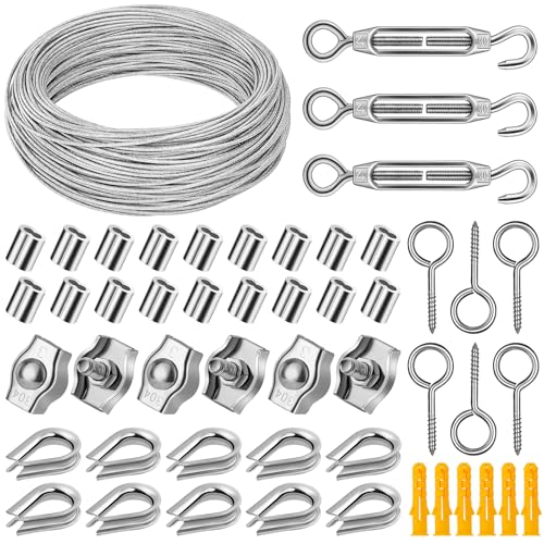 DazzBoom Drahtseil Set,50M 2mm stahlseil,304 Edelstahl Drahtseil Spanndraht,stahlseil mit ösen,für String Light Suspension,Zaun,Wäscheleine,Gardinenseil,Kletterpflanzen,Deck-Kabel-Reling