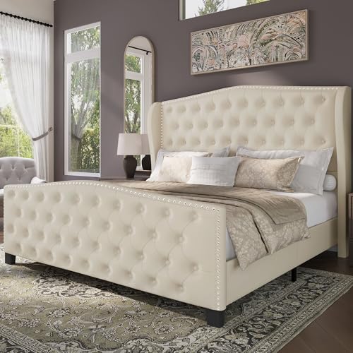 BRELTAM Upholstered Queen Size Bed Frame Velvet Beige Tufted Platform
