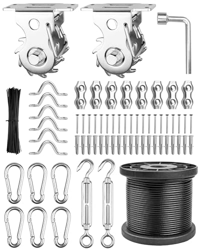 DEFUNX String Light Hanging Kit Outdoor 164 Ft Vinyl Coated Cable and Winch Wire Rope Kit 304 Stainless Steel Hardware for Bistro Globe String Lights Suspension