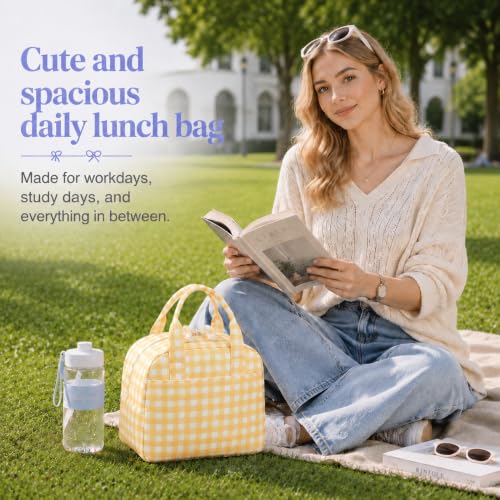 Image of LOVELYWIND Lunch Box for Women,Insulated Lunch Bag,Yellow Plaid Tote 9L