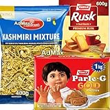 Exotic World Indian Party Snacks Box Mix Parle-G Gold Biscuits 1 KG, Parle Cardamom Elaichi Rusk Crispy Snack 600g, Kashmiri Mix Haldiram 400g.