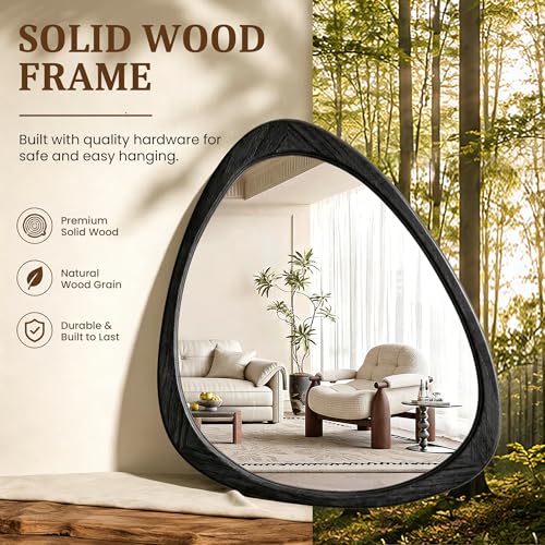 Image of Asymmetrical Mirror, 24 inchx19 inch Unique Irregular Wall Mirror, Wood Mid Century Modern Mirror Decor for Bathroom Bedroom Living Room Entryway Hallway (Black)