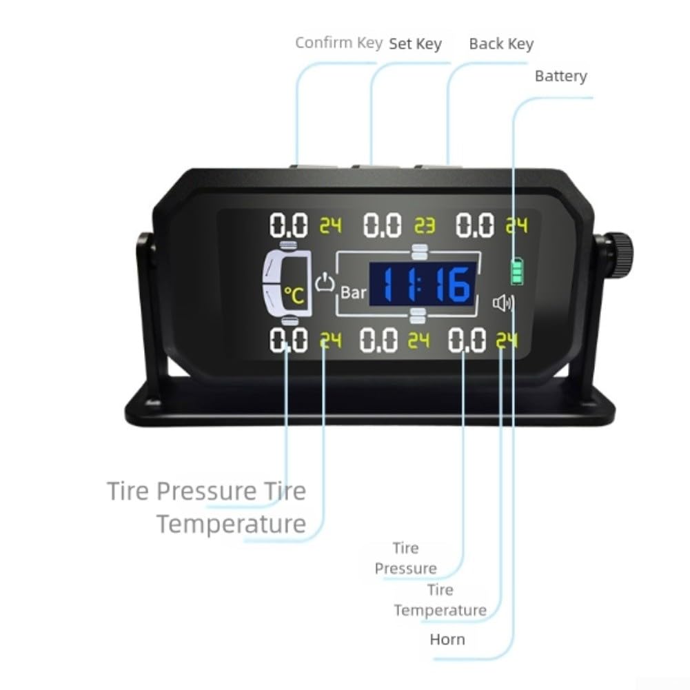 System monitorowania ciśnienia w oponach z 6 czujnikami TPMS do samochodów kempingowych i przyczep z transmisją sygnału na duże odległości i wyświetlaczem LCD do pomiaru ciśnienia i temperatury