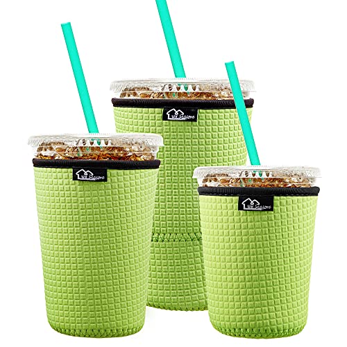 Image of Reusable Iced Coffee Insulator Sleeve for Cold Beverages and Neoprene Cold Coffee Cup Sleeves Cooler Cover 16-24OZ for Coffee Cups, McDonalds, Dunkin Donuts, More (Embossed Neon Green)