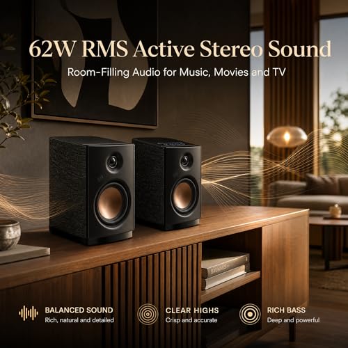 Image of HiVi-Swans OS-10 HiFi Stereo Speakers, Bluetooth 5.0 Active Computer Bookshelf Speakers - 4'' Dynamic Woofer, Powered Desk Speakers 62w RMS with Touch Control for PC /Phone /TV /Monitor (Pair)