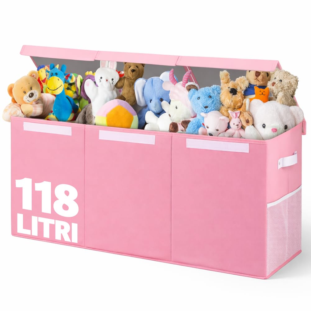 BAKAJI Scatole Portagiochi per Bambini, Scatola Portaoggetti con Coperchio e 3 Scomparti, Porta Giochi da Cameretta Pieghevole in TNT, Scatole Organizer Box Capacità 118 Litri, 91.5x32x40.5cm (Rosa)