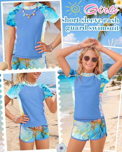 Image of Xaatren Girls 2 Piece Rash Guard Swimsuit | Quick Dry Bathing Suits, Short Sleeve Floral Beach Swimwear, Summer Tee and Boyshort Sets, Protection, Hawaiian, 7-16 Year