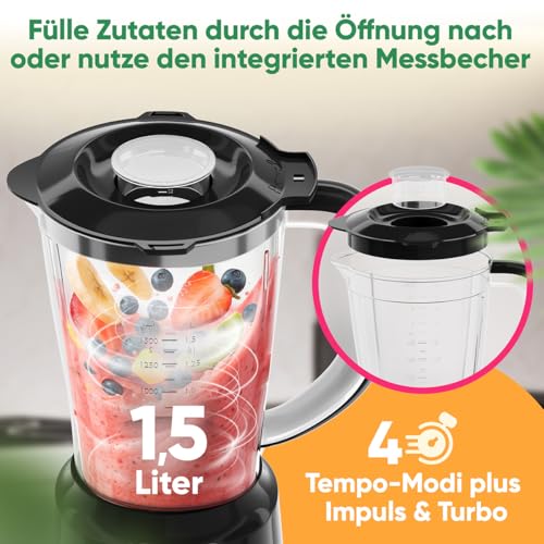 Clatronic® Standmixer 500W | Mixer | 4-fach Edelstahl-Messer rostfrei | 1,5L Smoothie Maker | Ice-Crush Funktion | 3 Stufen | Turbo-Funktion | Deckel mit Nachfüllöffnung | UM 3845 – Bild 2