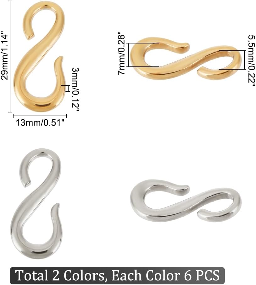 UNICRAFTALE 12Pcs 2 Colors 304 Stainless Steel S Hook Clasps Necklace Clasp Connectors Small S-Shaped Hook Connectors Hook Accessories for DIY Bracelets Necklace Jewelry Making - Image 3