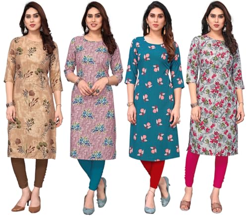 Image of JAKHANA Women's Crepe Printed Casual Straight Calf Length Round Nick Kurta Pack of 4