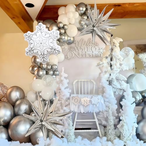 Image of White Silver Snowflake Christmas Balloons, Ice Snow Winter Party Balloons