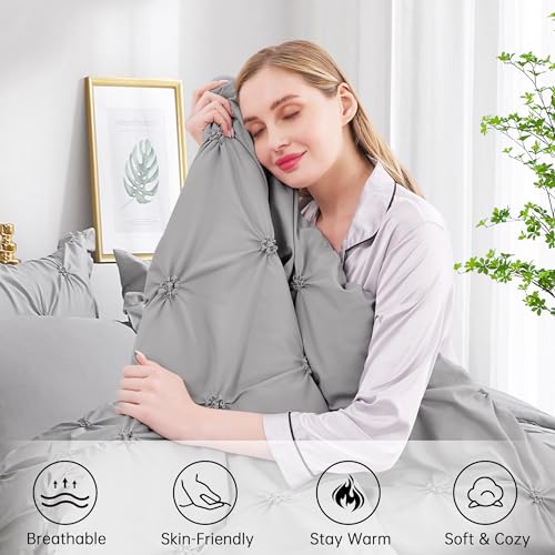 JOLLYVOGUE Grey Queen Comforter Set, 7 Pieces Pintuck Comforters Queen Size, Bed in a Bag Queen Comforter for Bedroom, Bedding Comforter Sets with Comforter, Sheets, Ruffled Shams & Pillowcases