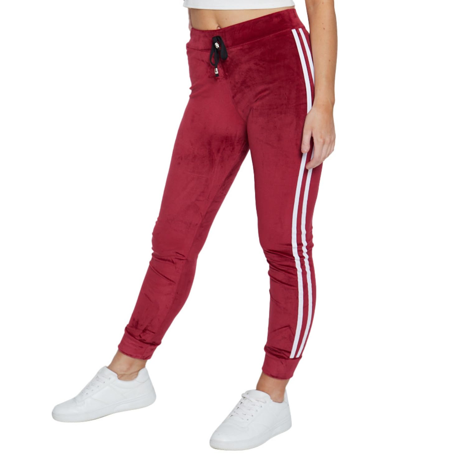 Women's Velour Jogger Sweatpants – Soft Velvet Tracksuit Bottoms with Side Stripes, High Rise, Elastic Waistband (8-14) Wine