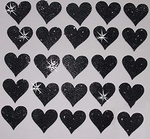2 Packs = 48 Fabric Sequin 20mm Hearts Iron-On, Black