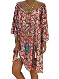 ORANDESIGNE Robe Ete Femme Robe de Plage Casual Imprimée Bohème Col V À Manches 3/4 Robe Chic Grande Taille Mini Robe Tunique B Rouge 50