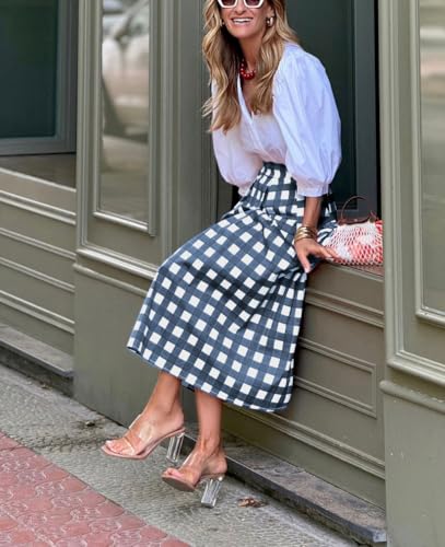chouyatou Women's Vintage Plaid Checkered A Line Skirt Casual High Waisted Midi Long Skirt with Pockets2