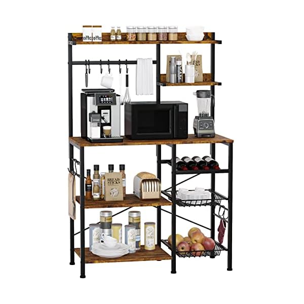 Kitchen Baker’s Rack with 2 Pull Out Wire Baskets, Microwave Stand with Storage Shelf & Wine Rack, 5-Tier Utility Coffee Bar Station with 10 Hooks for Spice Rack Organizer Workstation, Rustic Brown