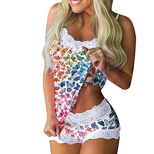 LIMILI Juego de pijama de encaje con correa sin mangas con lazo sin mangas, pijamas, pantalones cortos, juego de pijama de encaje, ropa de dormir para mujer, ropa de dormir sexy, 9_ L, 9, L