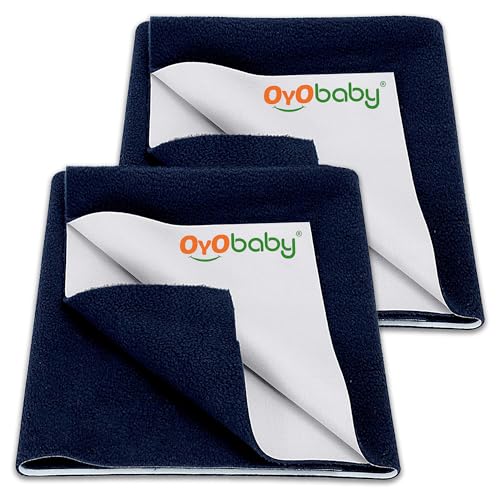 Image of OYO BABY Medium Size Baby Dry Sheet | 100x70 cm (Pack of 2) Waterproof Mattress Protector | Quick Dry, Extra Absorbent Bed Pad for 0-12 Months | Reusable, Soft, Anti-Piling Fleece Underlay - Dark Blue