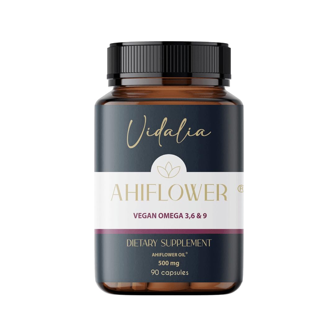 Ahiflower Oil Vegan Omega 3, 6 & 9. 90 Capsules. Vidalia 45 Servings. Excelent Sustainable Source. Vegan 100%. NO Fish