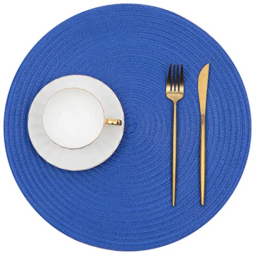 Image of SHACOS Round Placemats Set of 6 Washable 15 inch Round Table Mats Cotton Polyester Woven Braided Place Mats for Dining Table (Blue, 6)