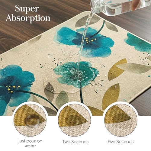 Image of Yellow Weaves 1 Pc Jute Texture Non-Slip Bathmat, Water Absorbent Floor mat, Rugs, Door Mats for Bathroom, Living Room, Bedroom, Entrance, Outdoor, Kitchen, Office (Teal Blue Floral)