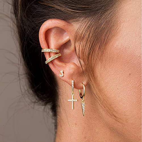 14K Gold Plated Drop Dangle Cross Hoop Earrings Trendy Gold Cross Earrings for Women Small CZ Huggie Hoops Dangling Diamond Cross Earrings for Men Hypoallergenic Lightweight2