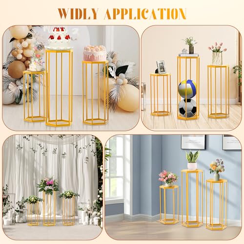 Lynxor LY-PSD01 Hexagon Pedestal Stand Cylinder Stands For Party, 3Pcs Gold Metal Columns Plant Stand Tables For Weddings Cake Pedestal Stand Floor Plant Tables Geometric Display Rack thumb #6