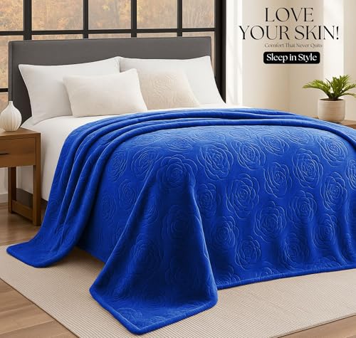 Image of SANMARINO Korean Style Faux Mink Blanket for Double Bed 2500 Grams 525 GSM | Ultrasoft & Lightweight Solid Embossed Blanket for Heavy Winter | 210x220 cm (Color - Royal Blue)