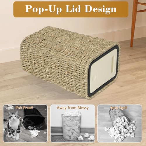Image of Trongee Boho Trash Can with Lid,3 Gallon Small Rattan Trash Can with Press Top Lid,Slim Wicker Waste Basket and Hamper 2 in 1 for Bathroom,Seagrass Woven Garbage Can Trash Basket for Bathroom,Kitchen