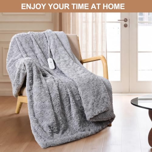 Dowin Faux Fur Electric Throw Blanket,Heated Blanket Throw,Light Grey - image 5