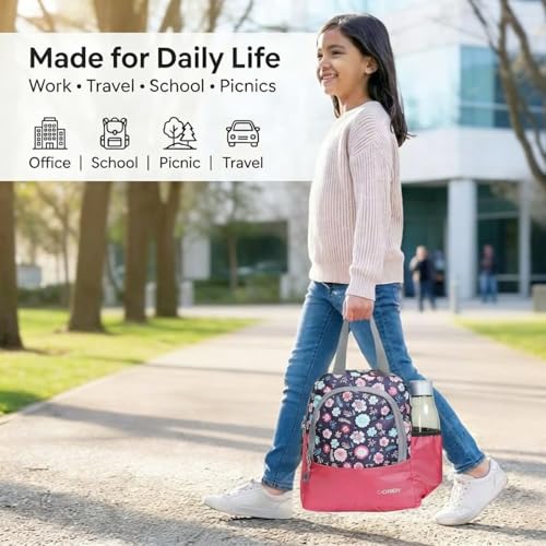 Image of ORBY Lunch Bag Flower Leaf Pink| Water-Repellent Durable Fabric | Tiffin Bag with Bottle Holder & Front Pocket | Strong Zipper & Spacious Meal Storage (Floral Leaf Pattern, Pink)