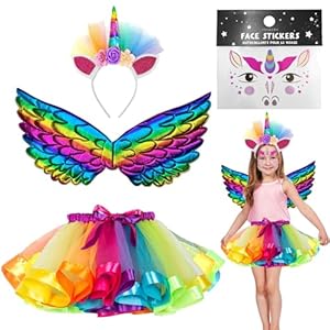 AUNGKWANG 4 Piezas Disfraz Unicornio Niña, Disfraz Princesa Niña, Diadema de Unicornio de Colores, Alas de Unicornio, Pegatinas Unicornio Rostro, para Cosplay, Halloween, Fiesta de Unicornio